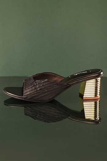 Miraki_Black Cut Work Textured Strap Flare Heels _Online_at_Aza_Fashions