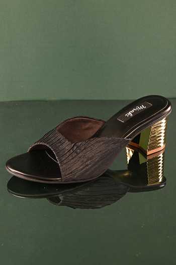 Shop_Miraki_Black Cut Work Textured Strap Flare Heels _Online_at_Aza_Fashions