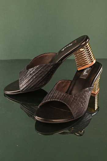 Miraki_Black Cut Work Textured Strap Flare Heels _at_Aza_Fashions