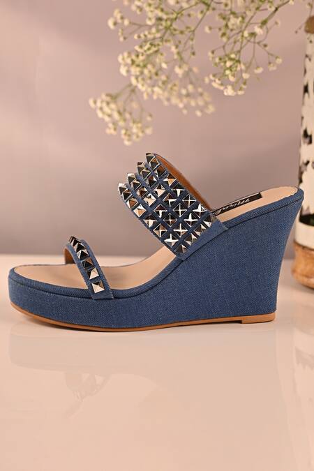 Miraki_Blue Stud Embellished Denim Metallic Wedges _Online_at_Aza_Fashions
