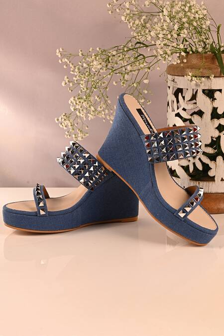 Shop_Miraki_Blue Stud Embellished Denim Metallic Wedges 