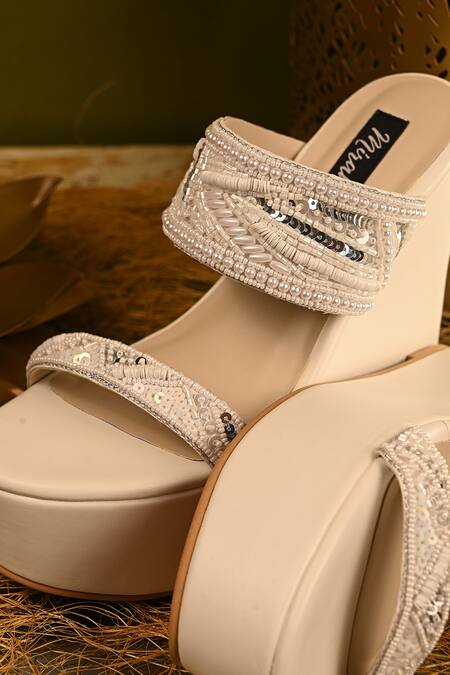 Shop_Miraki_White Pearls, Beads, Sequins And Embroidered Wedges _Online_at_Aza_Fashions