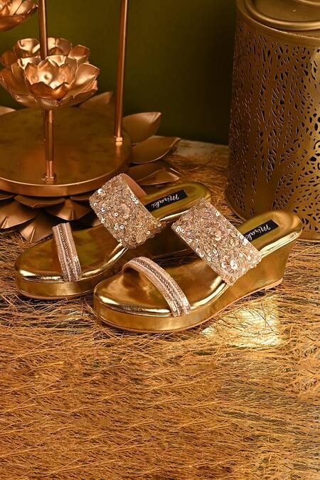 Miraki_Gold Zari, Pearls, Beads, Sequins And Embroidered Wedges _at_Aza_Fashions