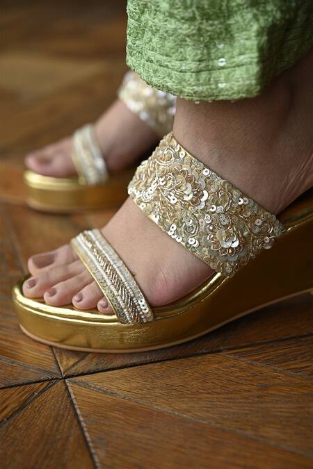 Shop_Miraki_Gold Zari, Pearls, Beads, Sequins And Embroidered Wedges 