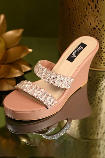 Shop_Miraki_Peach Crystal And Beads Embroidered Wedges _Online_at_Aza_Fashions