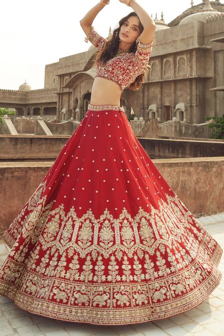 Shop Annus Creation Red Silk, Organza Cut Work, Pearls V-neck Cutdana Embroidered Lehenga Set at Aza Fashions Shop_Annus Creation_Red Silk, Organza Cut Work, Pearls V-neck Cutdana Embroidered Lehenga Set_at_Aza_Fashions