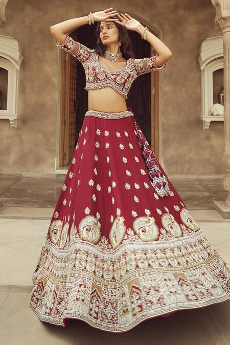 Annus Creation_Maroon Silk, Organza Pearls, Cut Peacock Motif Embroidered Bridal Lehenga Set_Online_at_Aza_Fashions