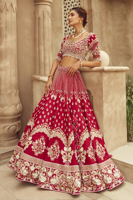 Shop Annus Creation Red Silk, Organza Cut Work, Pearls Floral Embroidered Lehenga Set at Aza Fashions Shop_Annus Creation_Red Silk, Organza Cut Work, Pearls Floral Embroidered Lehenga Set_at_Aza_Fashions