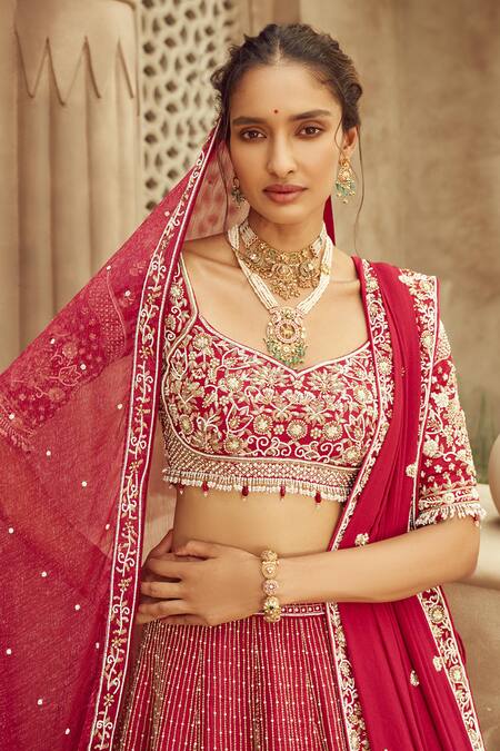 Annus Creation Red Silk, Organza Cut Work, Pearls Floral Embroidered Lehenga Set Online at Aza Fashions Annus Creation_Red Silk, Organza Cut Work, Pearls Floral Embroidered Lehenga Set_Online_at_Aza_Fashions
