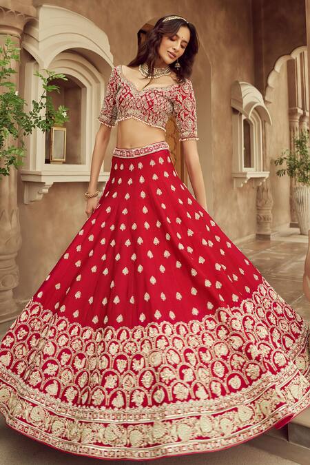 Shop Annus Creation Red Silk, Organza Cut Work, Pearls Cutdana And Embroidered Bridal Lehenga Set at Aza Fashions Shop_Annus Creation_Red Silk, Organza Cut Work, Pearls Cutdana And Embroidered Bridal Lehenga Set_at_Aza_Fashions
