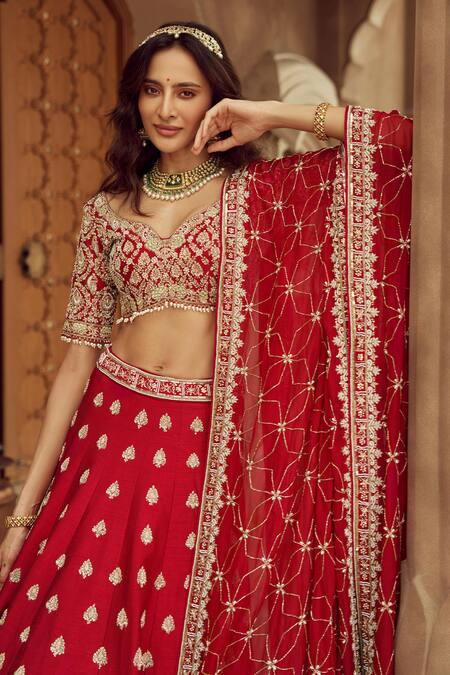 Annus Creation Red Silk, Organza Cut Work, Pearls Cutdana And Embroidered Bridal Lehenga Set Online at Aza Fashions Annus Creation_Red Silk, Organza Cut Work, Pearls Cutdana And Embroidered Bridal Lehenga Set_Online_at_Aza_Fashions