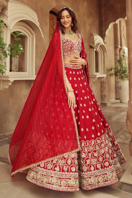 Buy Annus Creation Red Silk, Organza Cut Work, Pearls Cutdana And Embroidered Bridal Lehenga Set Online at Aza Fashions Buy_Annus Creation_Red Silk, Organza Cut Work, Pearls Cutdana And Embroidered Bridal Lehenga Set_Online_at_Aza_Fashions