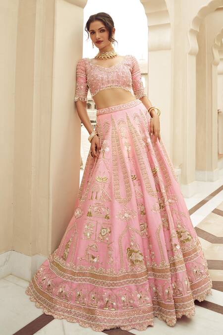 Buy_Annus Creation_Pink Silk, Organza Pearls, Sequins, Elephant And Bird Motif Bridal Lehenga Set_Online_at_Aza_Fashions