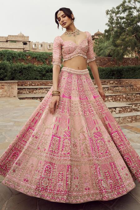Shop_Annus Creation_Pink Silk, Organza Cut Work, Pearls Panelled Embroidered Bridal Lehenga Set_at_Aza_Fashions