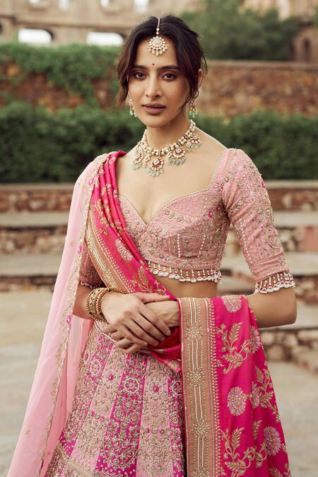 Annus Creation_Pink Silk, Organza Cut Work, Pearls Panelled Embroidered Bridal Lehenga Set_Online_at_Aza_Fashions