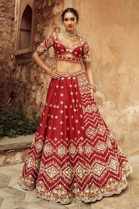Shop Annus Creation Red Silk, Organza Pearls, Cut Work V-neck Embroidered Lehenga Set at Aza Fashions Shop_Annus Creation_Red Silk, Organza Pearls, Cut Work V-neck Embroidered Lehenga Set_at_Aza_Fashions