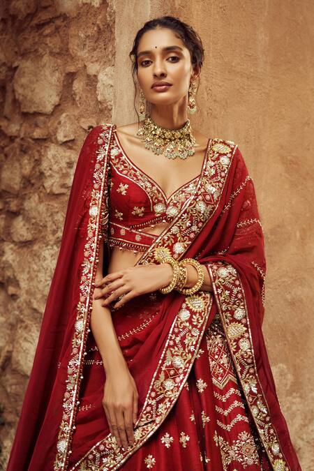 Annus Creation Red Silk, Organza Pearls, Cut Work V-neck Embroidered Lehenga Set Online at Aza Fashions Annus Creation_Red Silk, Organza Pearls, Cut Work V-neck Embroidered Lehenga Set_Online_at_Aza_Fashions
