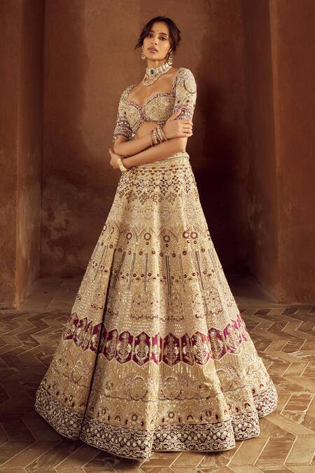 Buy_Annus Creation_Beige Silk, Organza Embroidery, Sequins, Pearls, Embellished Bridal Lehenga Set_Online_at_Aza_Fashions