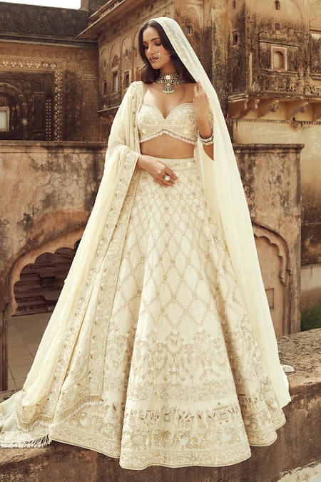 Buy Ivory Silk Embroidered Cutdana Sequin And Pearl Work Bridal Lehenga Set  For Women by Annus Creation Online at Aza Fashions.