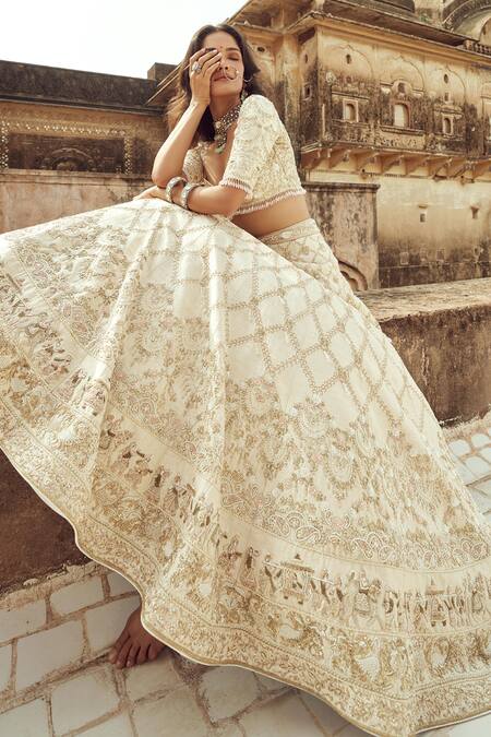 Annus Creation Ivory Silk, Organza Embroidery, Pearls, Cut Work Sequin And Bridal Lehenga Set Online at Aza Fashions Annus Creation_Ivory Silk, Organza Embroidery, Pearls, Cut Work Sequin And Bridal Lehenga Set_Online_at_Aza_Fashions