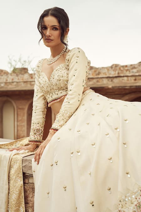 Annus Creation Ivory Silk, Organza Pearls, Cut Embroidered Floral Elephant Bridal Lehenga Set Online at Aza Fashions Annus Creation_Ivory Silk, Organza Pearls, Cut Embroidered Floral Elephant Bridal Lehenga Set_Online_at_Aza_Fashions