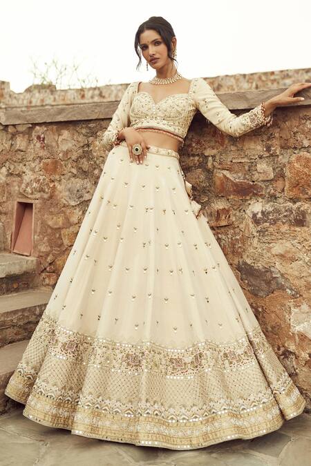 Shop Annus Creation Ivory Silk, Organza Pearls, Cut Embroidered Floral Elephant Bridal Lehenga Set Online at Aza Fashions Shop_Annus Creation_Ivory Silk, Organza Pearls, Cut Embroidered Floral Elephant Bridal Lehenga Set_Online_at_Aza_Fashions