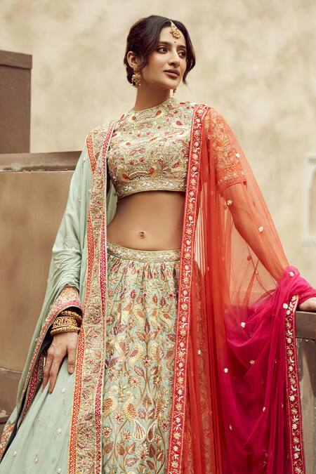 Annus Creation_Green Silk, Organza Cut Work, Pearls, Embroidered Mint Bridal Lehenga Set_Online_at_Aza_Fashions