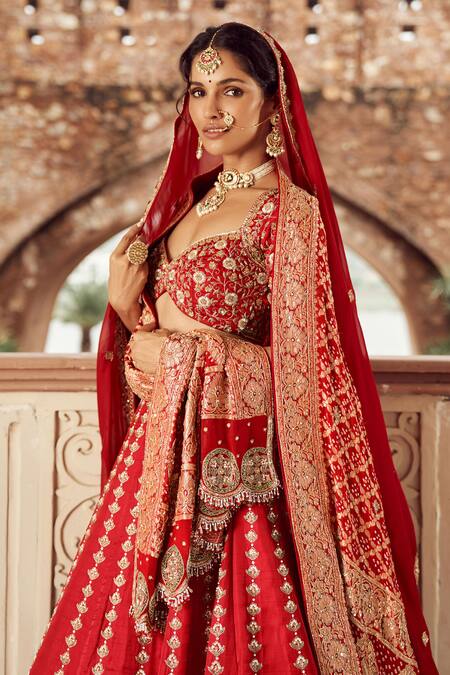 Annus Creation Red Silk, Organza Cut Work, Pearls Embroidered Panelled Bridal Lehenga Set Online at Aza Fashions Annus Creation_Red Silk, Organza Cut Work, Pearls Embroidered Panelled Bridal Lehenga Set_Online_at_Aza_Fashions