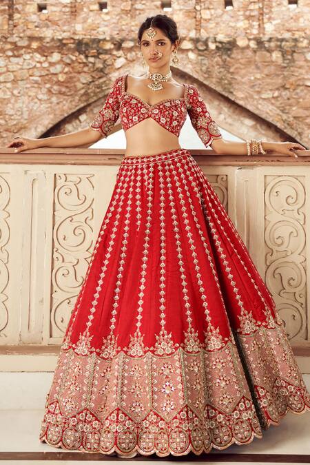 Buy Annus Creation Red Silk, Organza Cut Work, Pearls Embroidered Panelled Bridal Lehenga Set Online at Aza Fashions Buy_Annus Creation_Red Silk, Organza Cut Work, Pearls Embroidered Panelled Bridal Lehenga Set_Online_at_Aza_Fashions