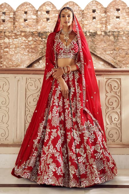 Buy Maroon Silk Embroidered Cutdana V Floral Motif Bridal Lehenga Set For  Women by Annus Creation Online at Aza Fashions.