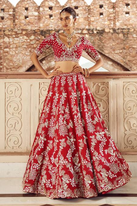 Shop Annus Creation Maroon Silk, Organza Cut Work V-neck Floral Embroidered Lehenga Set at Aza Fashions Shop_Annus Creation_Maroon Silk, Organza Cut Work V-neck Floral Embroidered Lehenga Set_at_Aza_Fashions