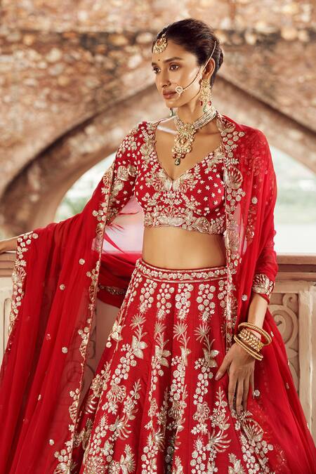 Annus Creation Maroon Silk, Organza Cut Work V-neck Floral Embroidered Lehenga Set Online at Aza Fashions Annus Creation_Maroon Silk, Organza Cut Work V-neck Floral Embroidered Lehenga Set_Online_at_Aza_Fashions