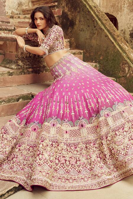 Shop Annus Creation Magenta Silk, Organza Cut Work, Pearls Sweetheart Embroidered Bridal Lehenga Set at Aza Fashions Shop_Annus Creation_Magenta Silk, Organza Cut Work, Pearls Sweetheart Embroidered Bridal Lehenga Set_at_Aza_Fashions