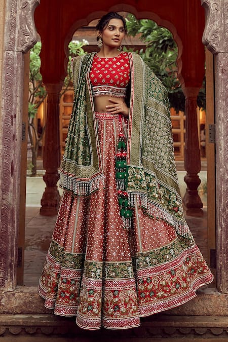 Shop Bridesmaid Lehenga - Red And Green Multi Embroidery Wedding Lehenga  Choli At Hatkay
