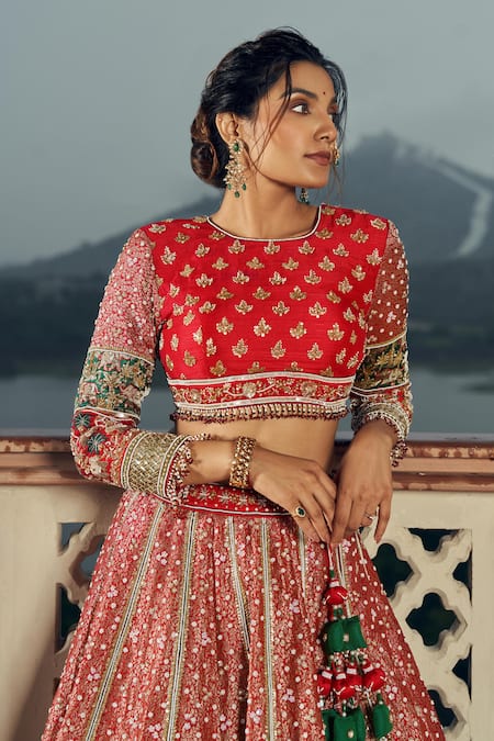 Annus Creation Red Silk, Organza Pearls, Cut Work, Sequins, And Embellished Bridal Lehenga Set Online at Aza Fashions Annus Creation_Red Silk, Organza Pearls, Cut Work, Sequins, And Embellished Bridal Lehenga Set_Online_at_Aza_Fashions