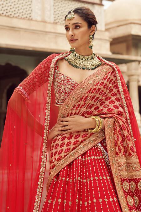 Annus Creation_Red Silk, Organza Pearls, Cut Baraat Zardozi Embroidered Bridal Lehenga Set_Online_at_Aza_Fashions