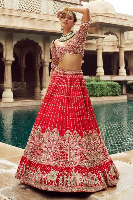 Buy_Annus Creation_Red Silk, Organza Pearls, Cut Baraat Zardozi Embroidered Bridal Lehenga Set_Online_at_Aza_Fashions