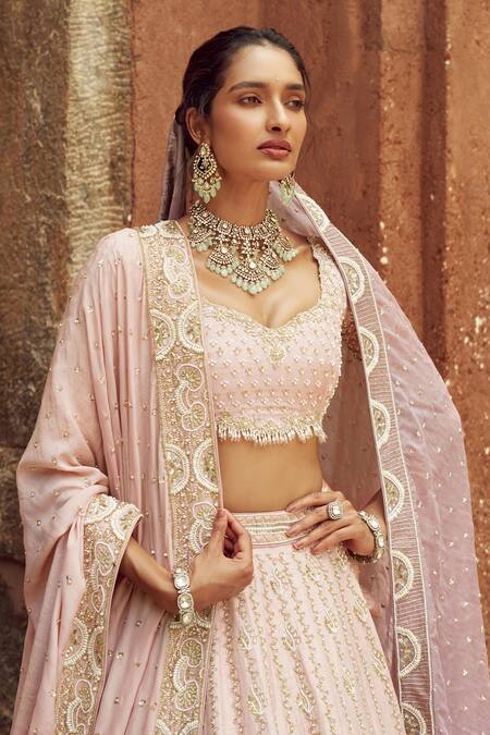 Annus Creation_Pink Silk, Organza Pearls, Cut Paisley Bloom Moti Embroidered Bridal Lehenga Set_Online_at_Aza_Fashions