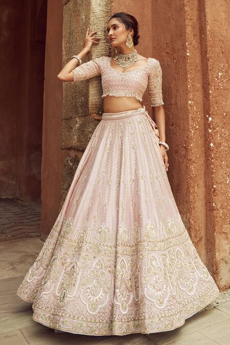 Buy_Annus Creation_Pink Silk, Organza Pearls, Cut Paisley Bloom Moti Embroidered Bridal Lehenga Set_Online_at_Aza_Fashions