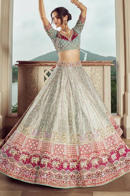 Annus Creation_Blue Silk, Organza Zari, Pearls, Elephant Zardozi Embroidered Bridal Lehenga Set_Online_at_Aza_Fashions