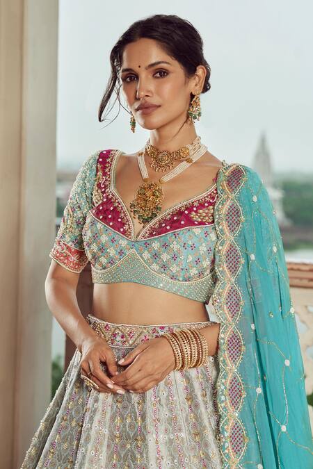 Buy_Annus Creation_Blue Silk, Organza Zari, Pearls, Elephant Zardozi Embroidered Bridal Lehenga Set_Online_at_Aza_Fashions
