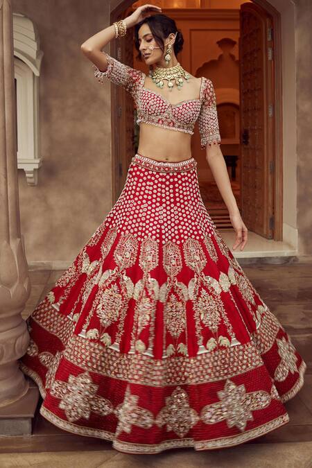 Shop_Annus Creation_Maroon Organza, Silk, Tissue, Denim Cut Work, Mughal Garden Bridal Lehenga Set_at_Aza_Fashions