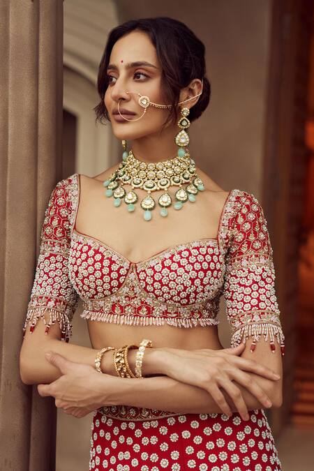 Annus Creation_Maroon Organza, Silk, Tissue, Denim Cut Work, Mughal Garden Bridal Lehenga Set_Online_at_Aza_Fashions