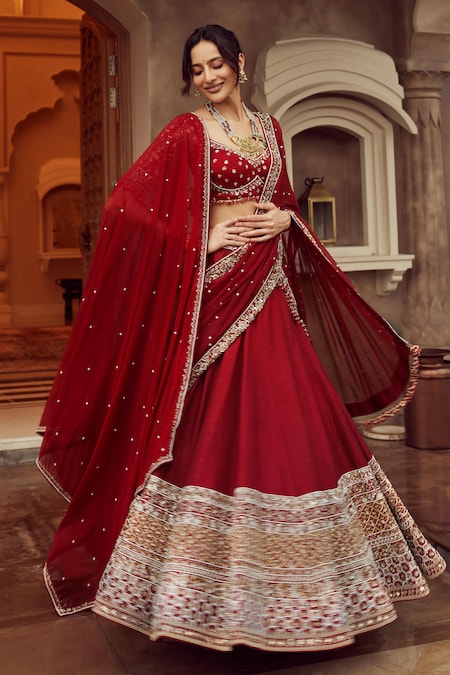 Buy Maroon Dupion Silk Embroidery Mughal Garden Bridal Lehenga Set For  Women by Annus Creation Online at Aza Fashions.