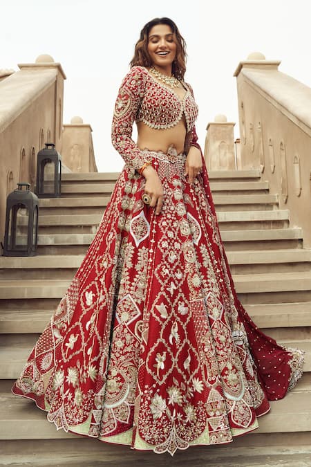 Buy_Annus Creation_Red Silk, Organza Pearls, Sequins, Embroidery Mughal Bloom Bridal Lehenga Set_Online_at_Aza_Fashions