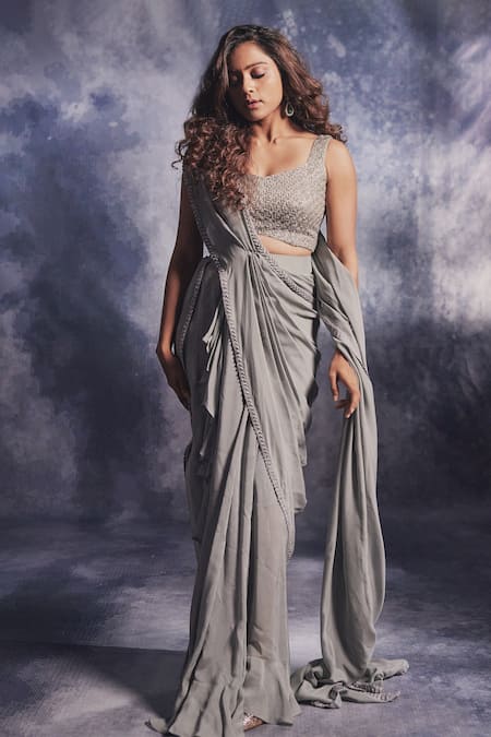 Varun Chakkilam Smoke Pre-Draped Saree With Embroidered Blouse 