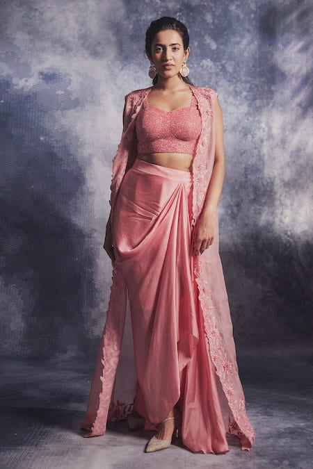 Varun Chakkilam Pink Silk Organza Embroidered 3d Florals Jacket And Draped Skirt Set  