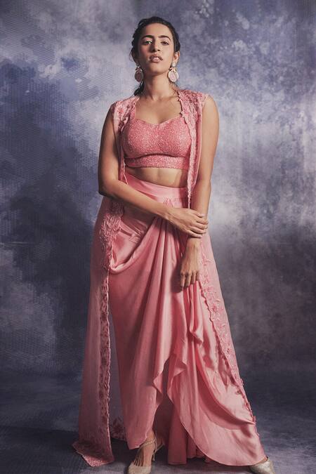 Varun Chakkilam Pink Silk Organza Embroidered 3d Florals Jacket And Draped Skirt Set Online at Aza Fashions Varun Chakkilam_Pink Silk Organza Embroidered 3d Florals Jacket And Draped Skirt Set _Online_at_Aza_Fashions