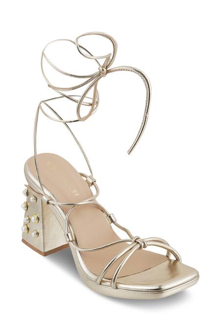 Buy_CRIMZON_Gold Studs, Pearls Rihanna Studded Tie-up Block Heels_Online_at_Aza_Fashions