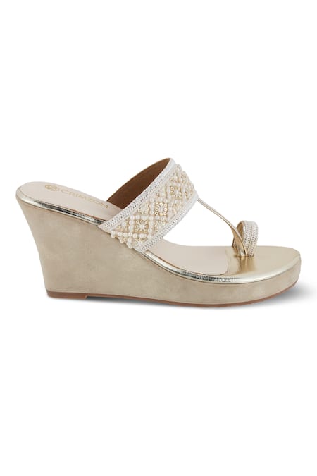 CRIMZON_Gold Embroidery Perla Studded Kolhapuri Wedges _Online_at_Aza_Fashions